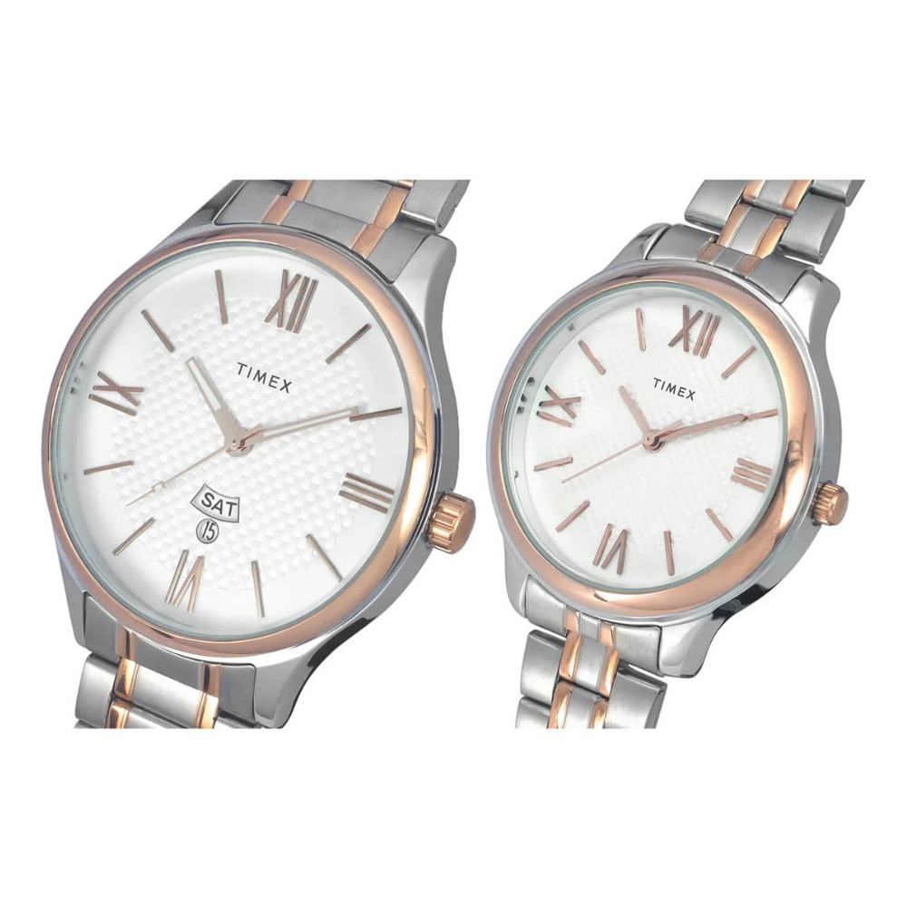Timex Empera Pairs Silver Dial Round Case Day-Date + 3 Hands Function Watch TIMEX PAIR L+G TW00PR285 - KRISHNA WATCH COMPANY