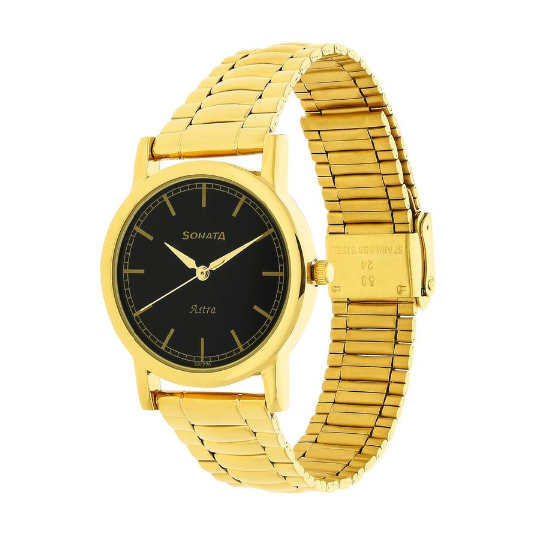 Sonata Black Dial Golden Stainless Steel Strap Watch NR77049YM02 - KRISHNA WATCH COMPANY