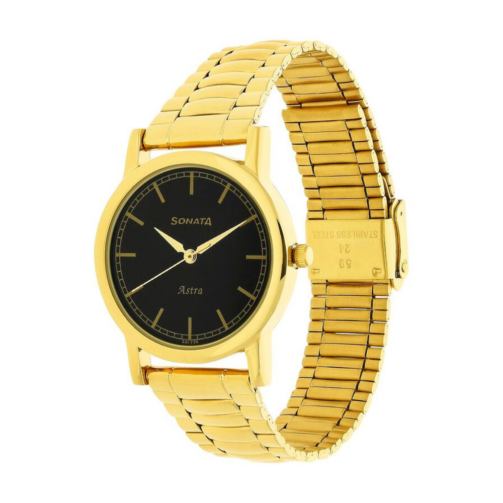 Sonata Black Dial Golden Stainless Steel Strap Watch NR77049YM02 - KRISHNA WATCH COMPANY