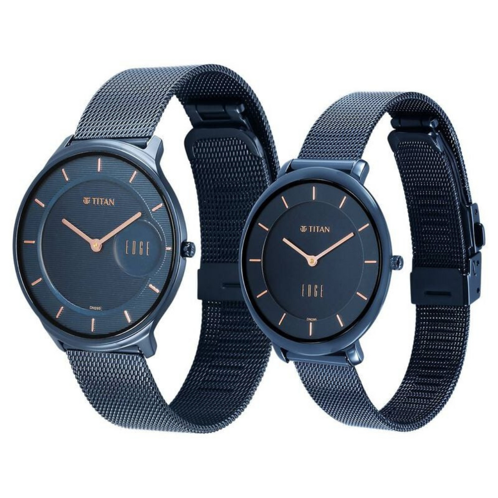 Titan Edge Pair Blue Dial Analog Stainless Steel Strap watch for Couple 18432655QM01 - KRISHNA WATCH COMPANY
