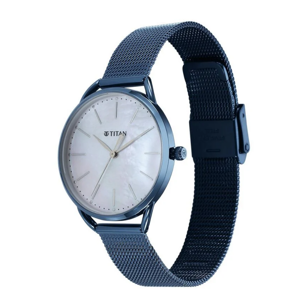 Titan Slimline Quartz Analog Mother Of Pearl Dial Blue Stainless Steel Strap Watch for Women 95180QM01 - KRISHNA WATCH COMPANY