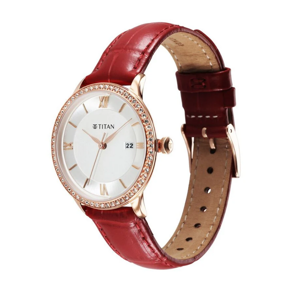Titan Bright Leathers Silver Dial Analog with Date Red Leather Strap Watch for Women 95247WL01 - KRISHNA WATCH COMPANY