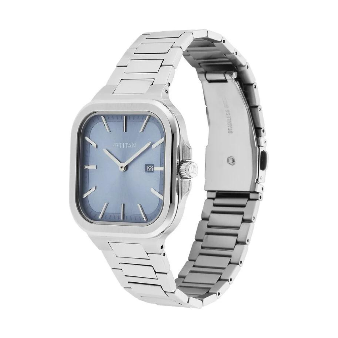 Titan Classique Slim Square Quartz Analog with Date Blue Dial Stainless Steel Strap Watch for Men 90176SM01 - KRISHNA WATCH COMPANY