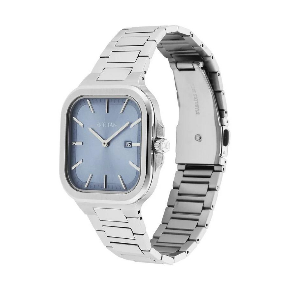 Titan Classique Slim Square Quartz Analog with Date Blue Dial Stainless Steel Strap Watch for Men 90176SM01 - KRISHNA WATCH COMPANY