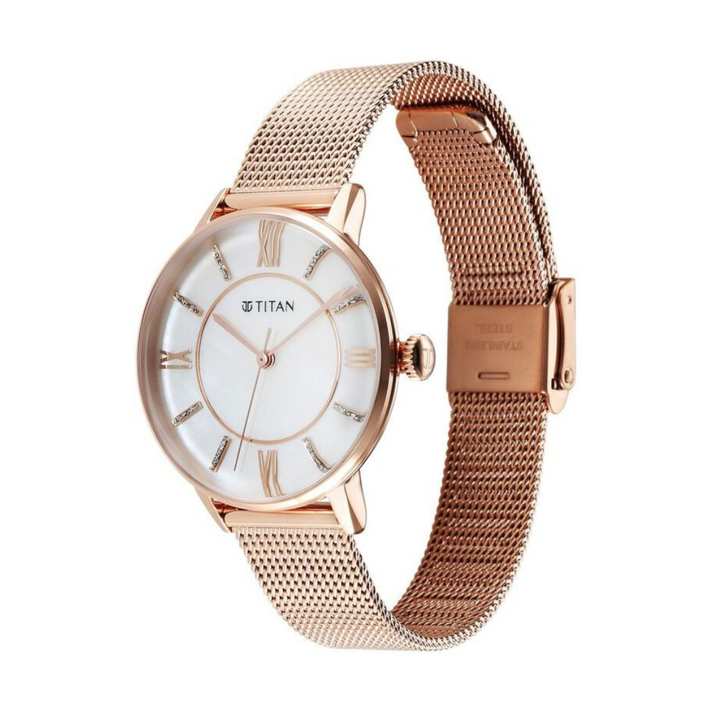 Titan TGIF Quartz Analog Mother Of Pearl Dial Rose Gold Stainless Steel Strap Watch for Women NS95248WM02 - KRISHNA WATCH COMPANY