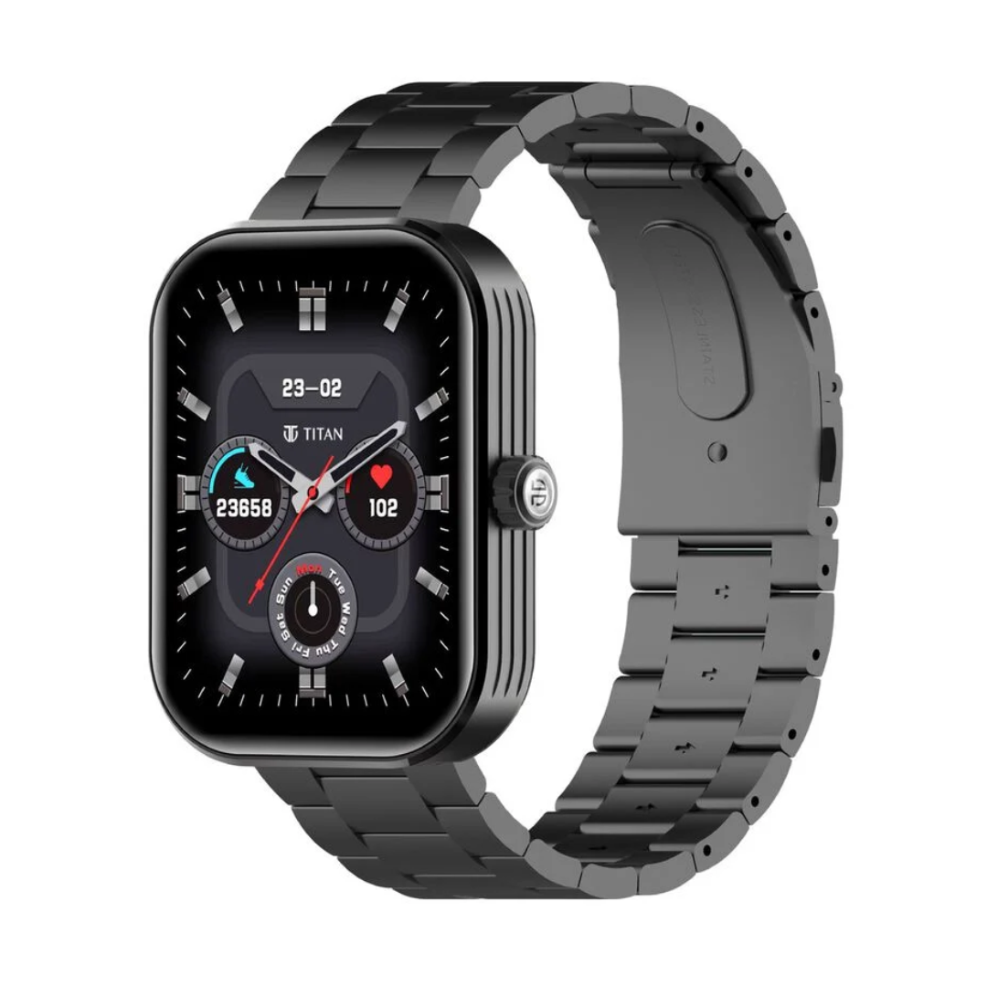 Titan Mirage with 4.97 cm AMOLED Display and AOD, Functional Crown, BT Calling Smartwatch with Black Metal Strap 90184AM01 - KRISHNA WATCH COMPANY