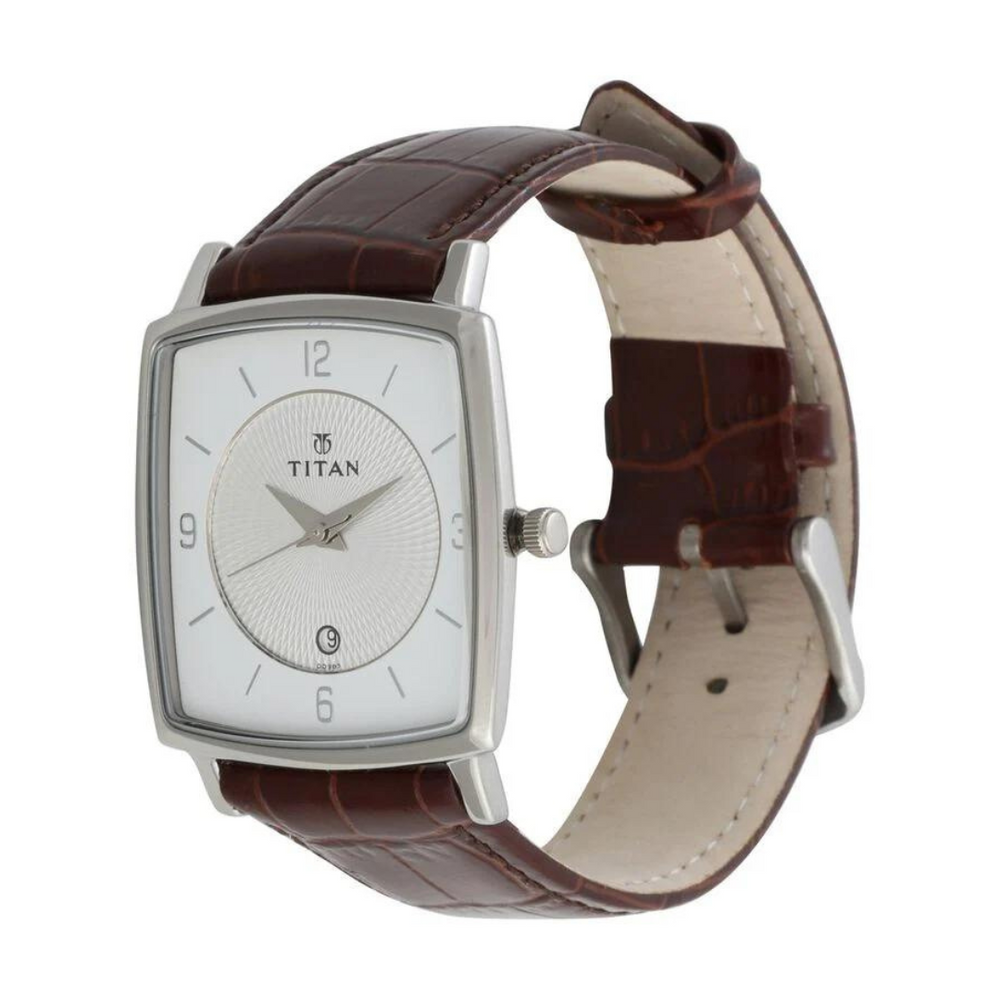 Titan Quartz Analog with Date Silver Dial Leather Strap Watch for Men 9159SL01 - KRISHNA WATCH COMPANY