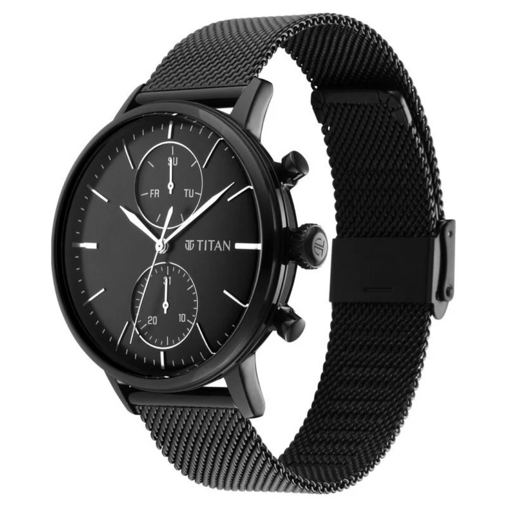 Titan Light Leathers Black Dial Quartz Multifunction Stainless Steel Strap Watch for Men 90135NM01 - KRISHNA WATCH COMPANY