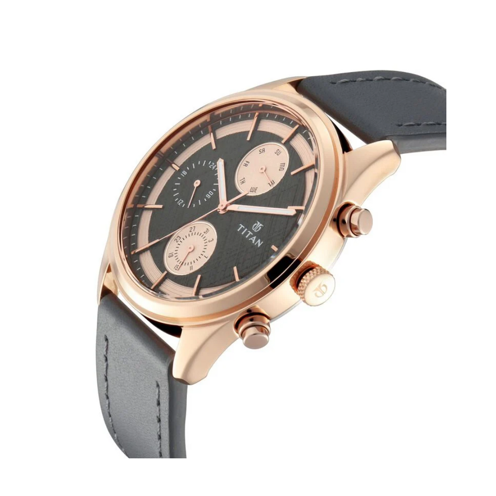 Titan Workwear Grey Dial Quartz Multifunction Leather Strap watch for Men 1805WL01 - KRISHNA WATCH COMPANY