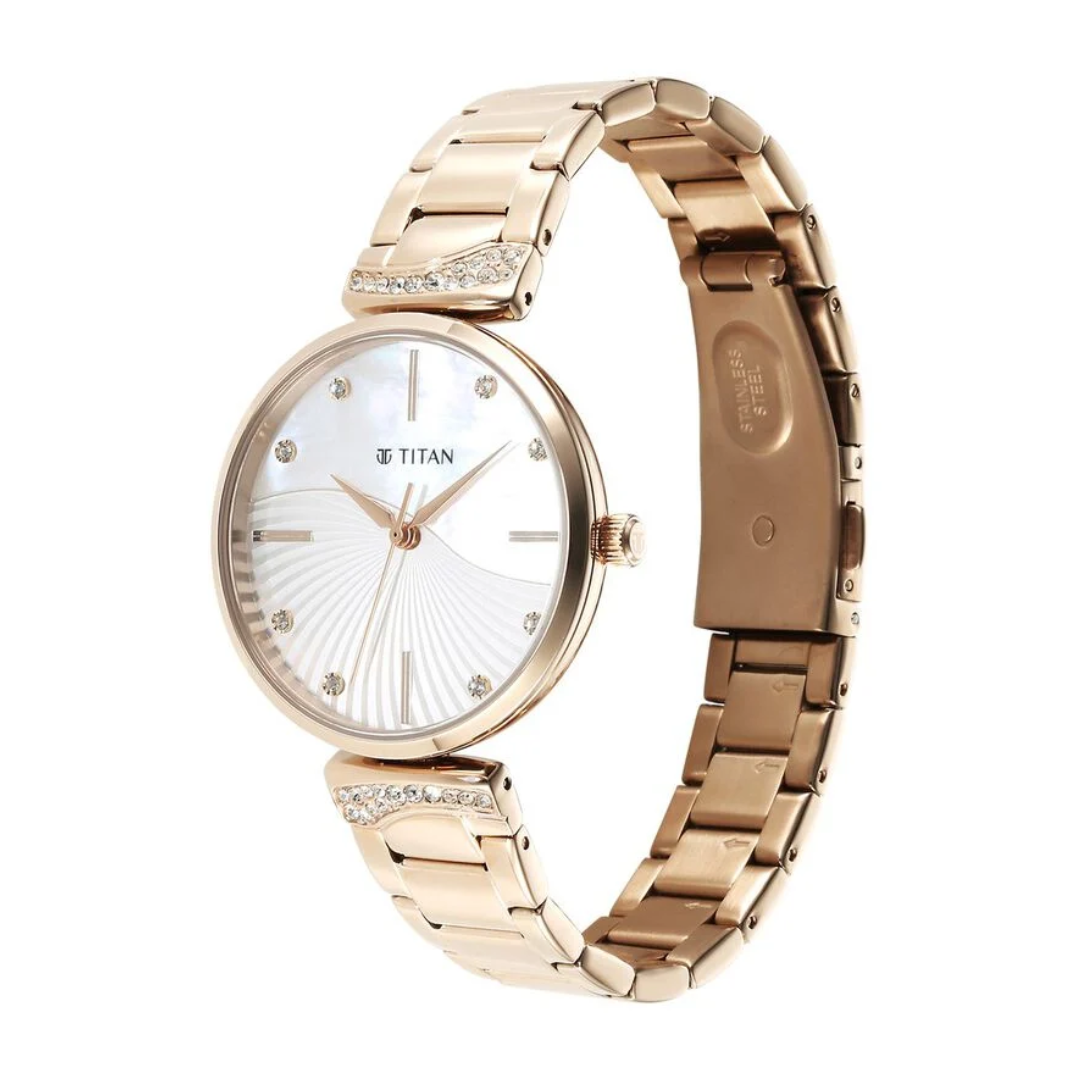 Titan Purple Style Up Quartz Analog Mother Of Pearl Dial Stainless Steel Strap Watch for Women 95237WM02 - KRISHNA WATCH COMPANY