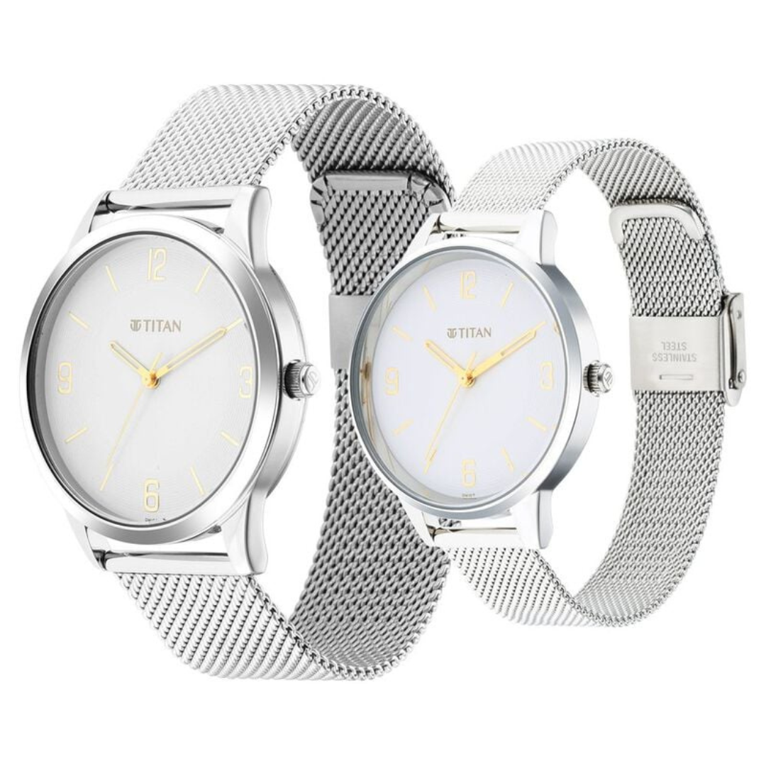 Titan Quartz Analog White Dial Stainless Steel Strap Watch for Couple - 18062648SM01 - KRISHNA WATCH COMPANY