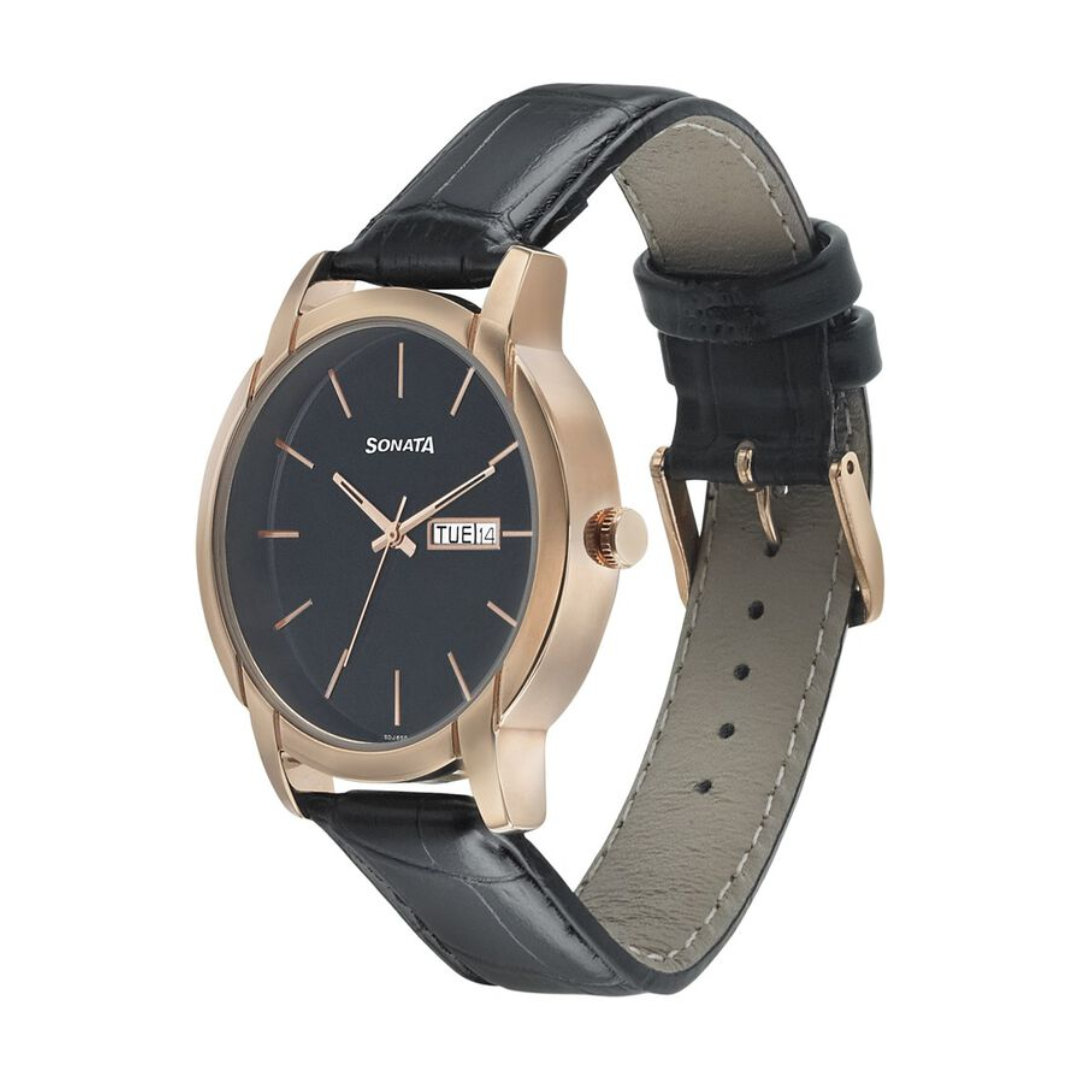 Sonata Beyond Gold Black Dial Leather Strap Watch 77031WL05 (SDJ658) - KRISHNA WATCH COMPANY