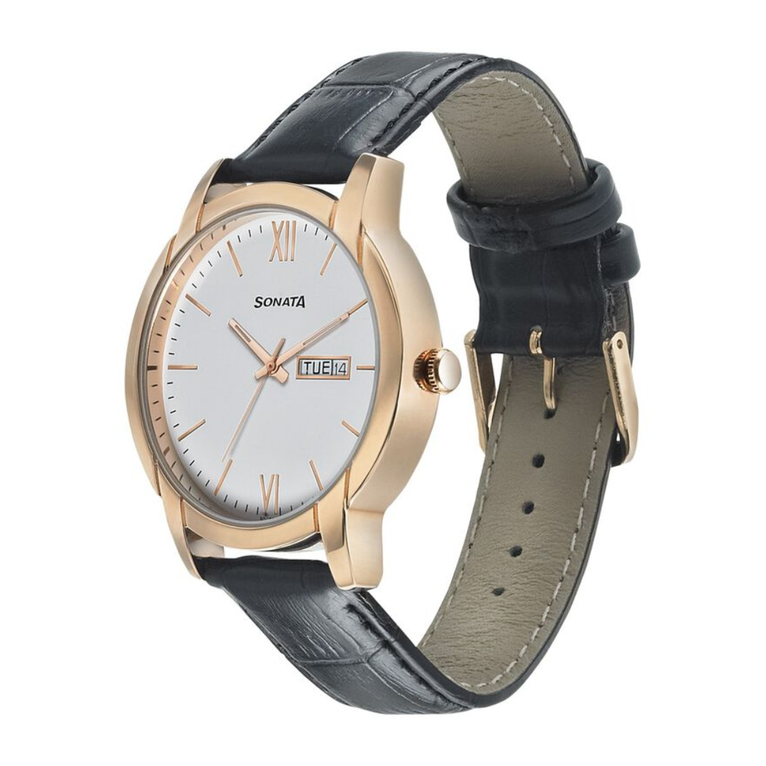 Beyond Gold White Dial Leather Strap Watch NN77031WL04 - KRISHNA WATCH COMPANY