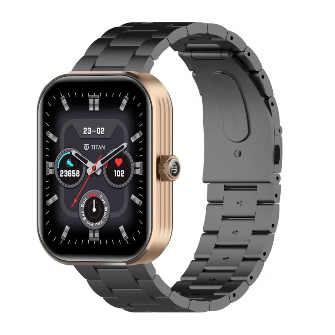 Titan Mirage with 4.97 cm AMOLED Display and AOD, Functional Crown, BT Calling Smartwatch with Black Metal Strap 90184AM02 - KRISHNA WATCH COMPANY