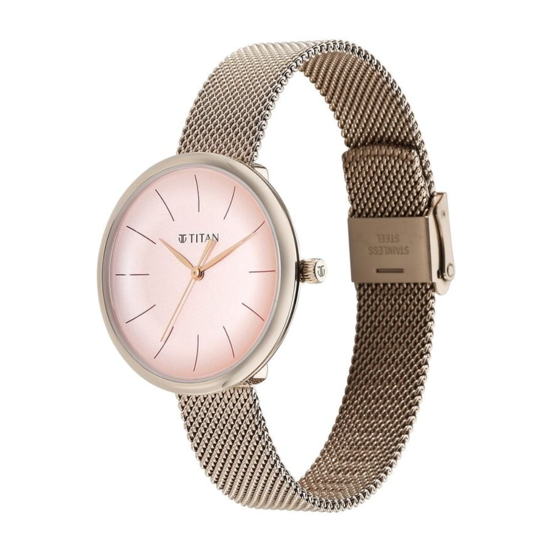 Titan Slimline Quartz Analog Pink Dial Rose Gold Stainless Steel Strap Watch for Women 95182WM01 - KRISHNA WATCH COMPANY
