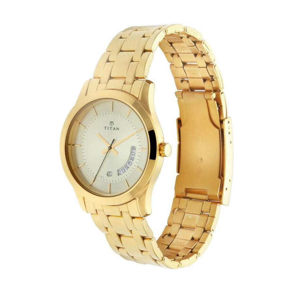 Titan Quartz Analog with Date Champagne Dial Stainless Steel Strap Watch for Men 1823YM01 - KRISHNA WATCH COMPANY