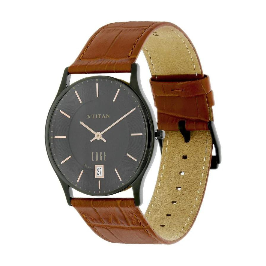Titan Edge Grey Dial Analog with Date Leather Strap watch for Men - 1683NL01 - KRISHNA WATCH COMPANY