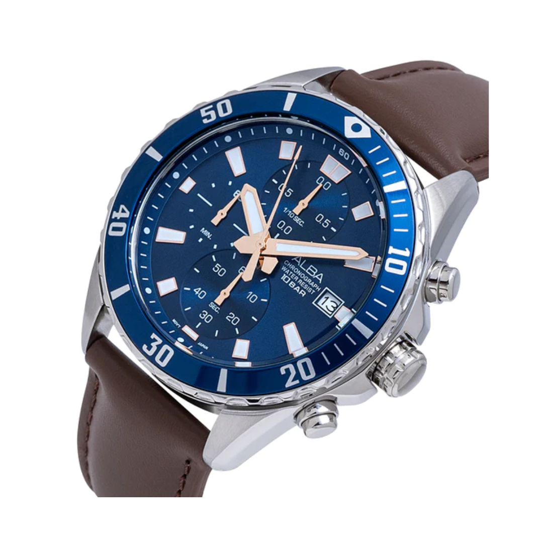 ALBA Blue Dial Chronograph with Leather Strap AM3813X1 - KRISHNA WATCH COMPANY