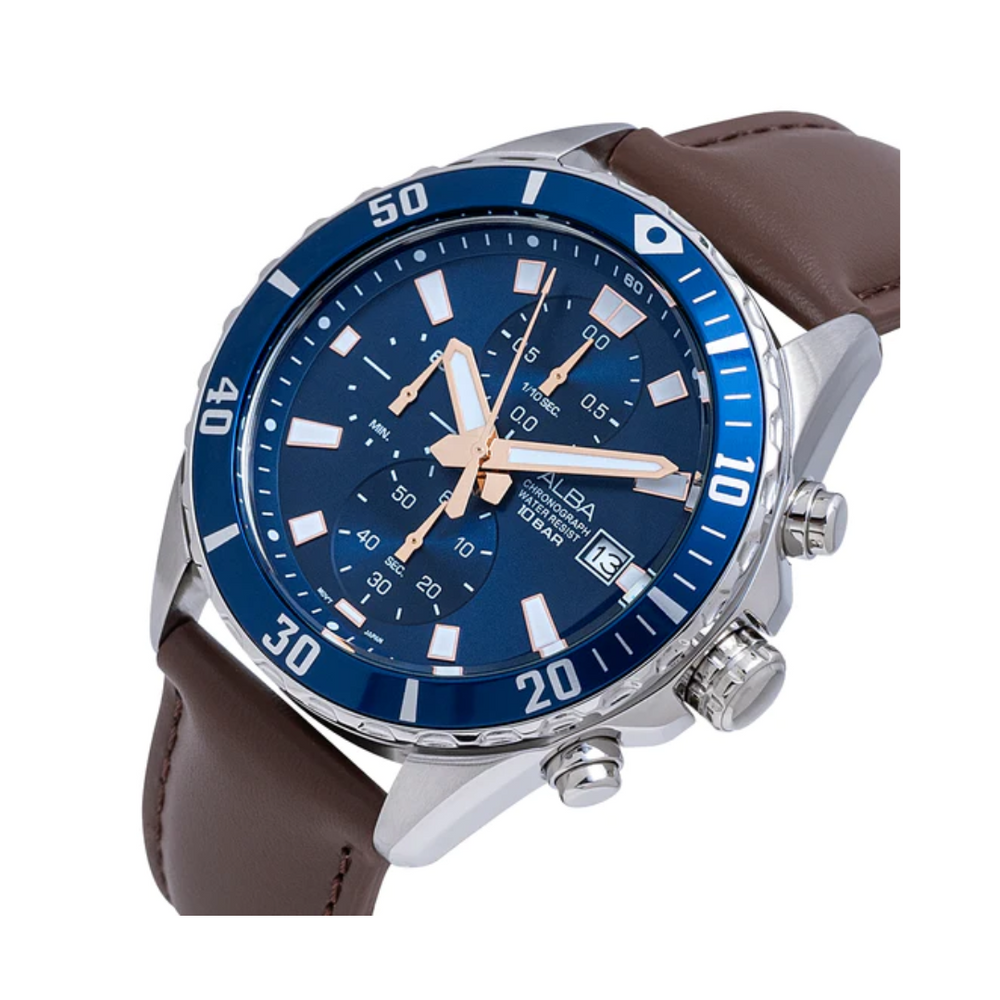 ALBA Blue Dial Chronograph with Leather Strap AM3813X1 - KRISHNA WATCH COMPANY