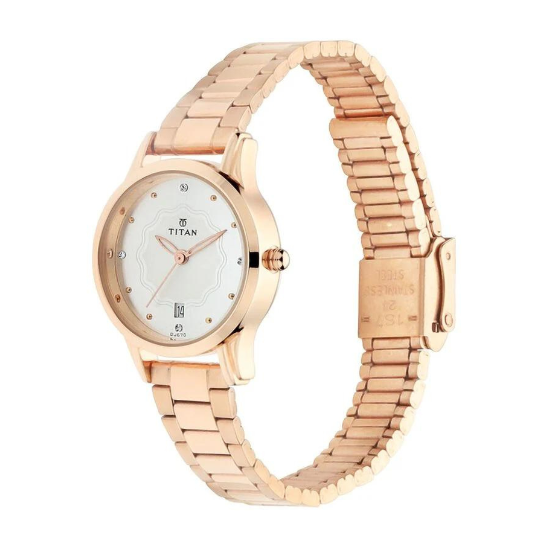 Titan Quartz Analog with Date Silver Dial Metal Strap Watch for Women - 2628WM01 - KRISHNA WATCH COMPANY