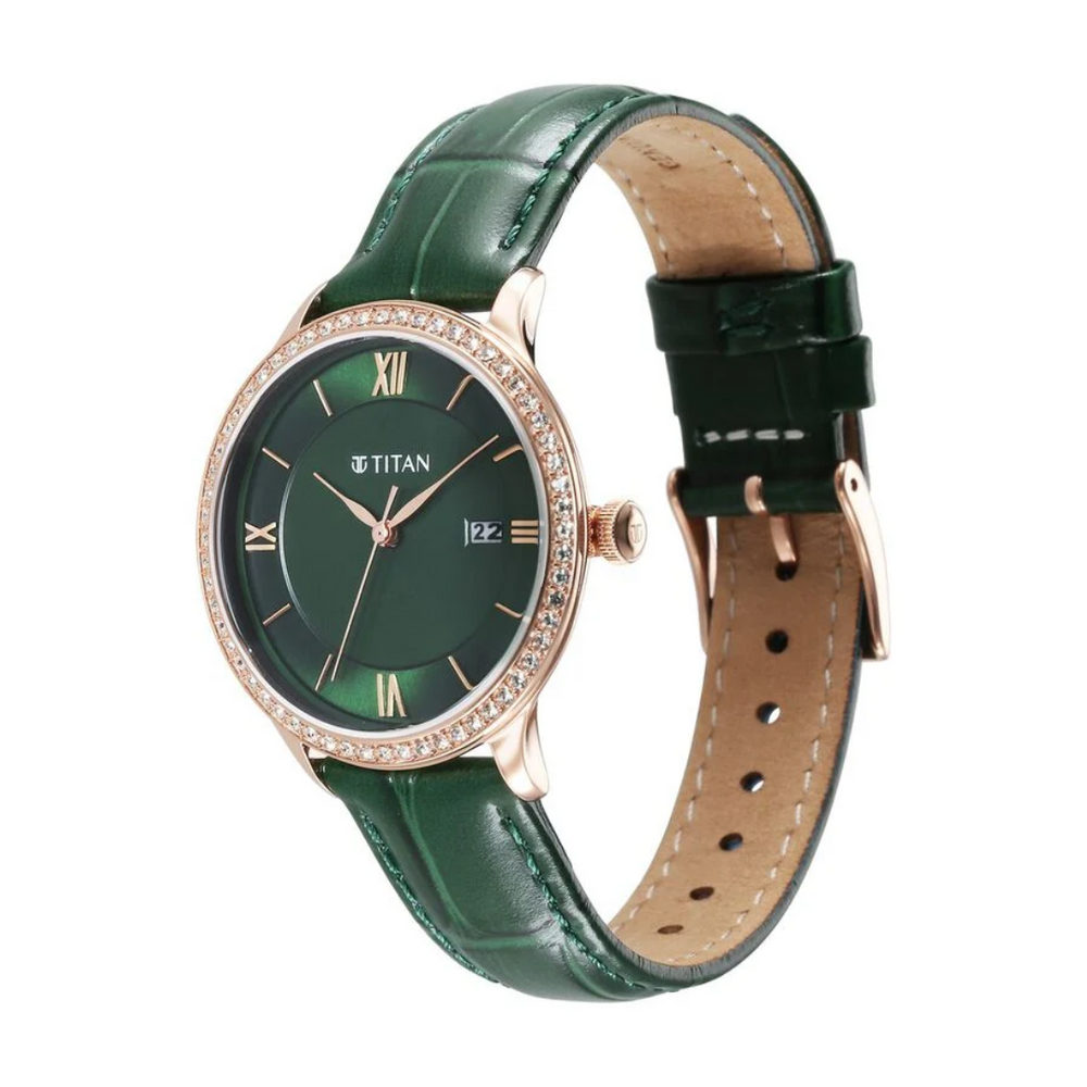 Titan Bright Leathers Green Dial Analog with Date Leather Strap Watch for Women 95247WL02 / NS95247WL02 - KRISHNA WATCH COMPANY