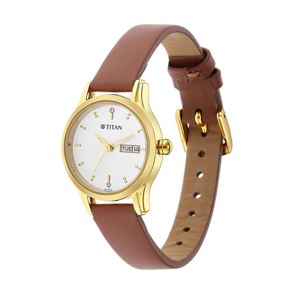 Titan Lagan White Dial Analog with Day and Date Leather Strap Watch for Women 2656YL01 - KRISHNA WATCH COMPANY