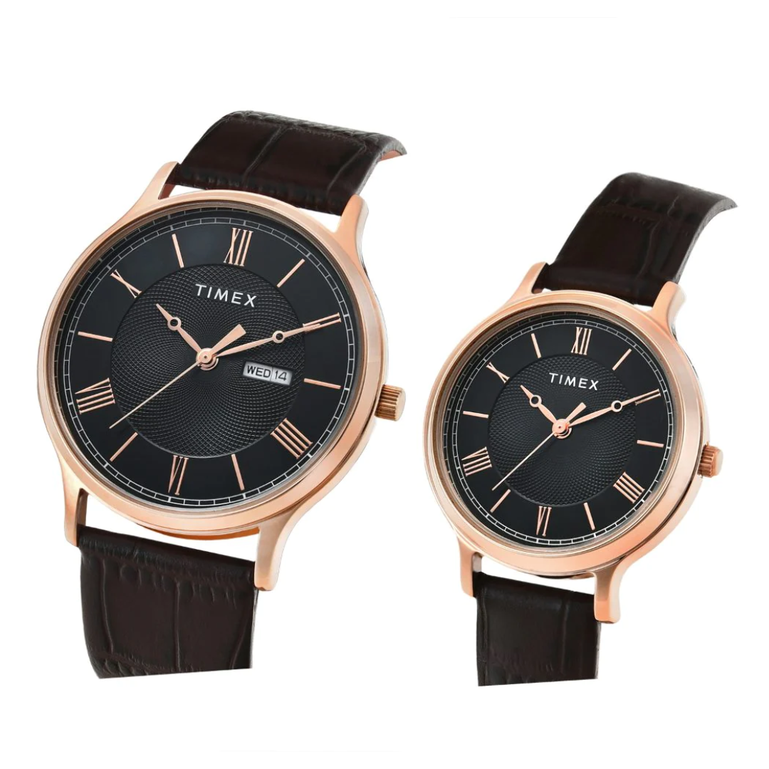 Timex Pairs Black Round Analog Brass Dial Watch- TW00PR301 - KRISHNA WATCH COMPANY