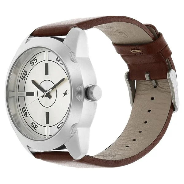 Fastrack Quartz Analog Silver Dial Leather Strap Watch for Guys - 3123SL02 - KRISHNA WATCH COMPANY
