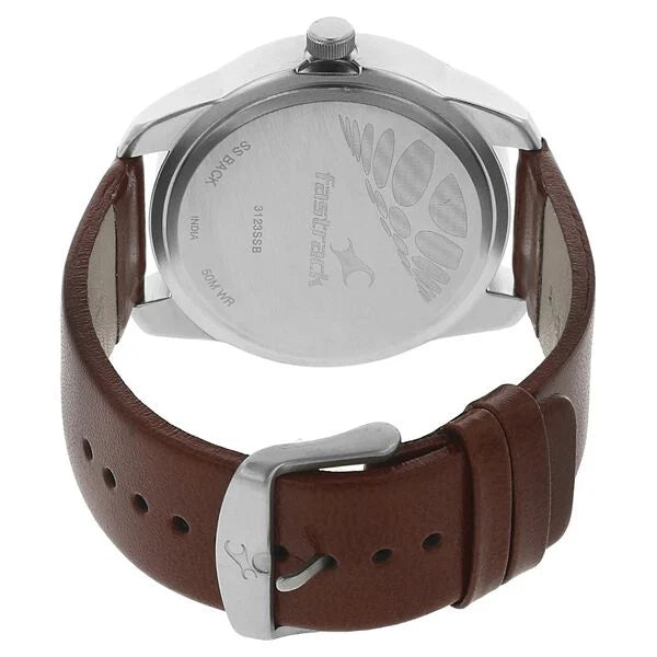 Fastrack Quartz Analog Silver Dial Leather Strap Watch for Guys - 3123SL02 - KRISHNA WATCH COMPANY