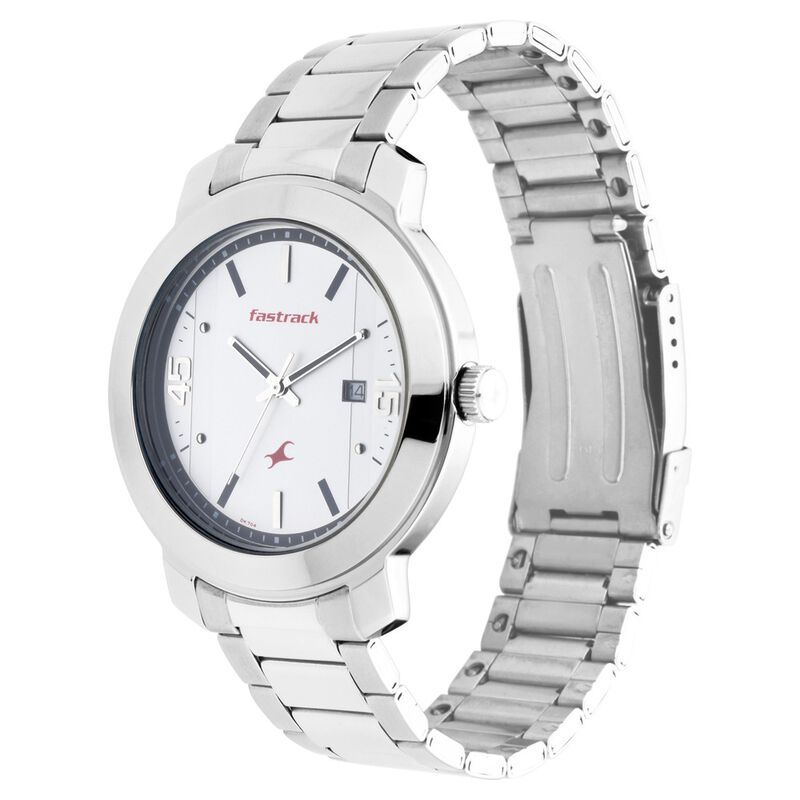 Fastrack Bare Basics Quartz Analog with Date White Dial Stainless Steel Strap Watch for Guys NS3246SM01 - KRISHNA WATCH COMPANY
