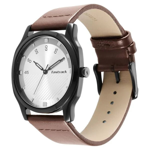 Fastrack Stunners Quartz Analog Silver Dial Leather Strap Watch for Guys NS3255NL02 - KRISHNA WATCH COMPANY