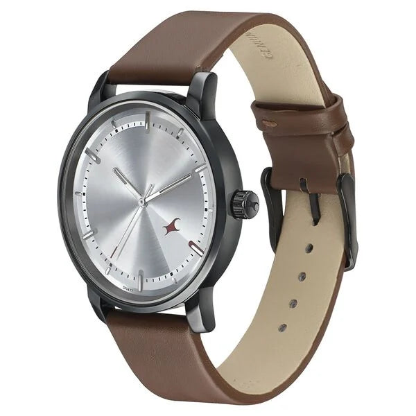 Fastrack Style Up Silver Dial Leather Strap Watch for Guys - 3278NL01 - KRISHNA WATCH COMPANY