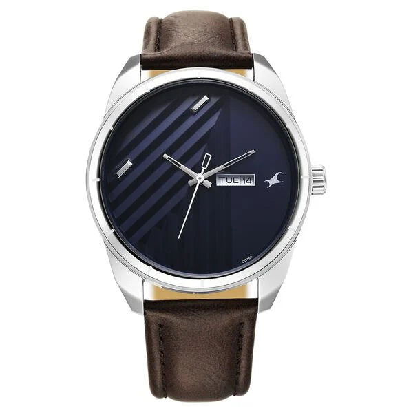 Fastrack Fleek Quartz Analog with Day and Date Blue Dial Leather Strap Watch For Guys - 3313SL01