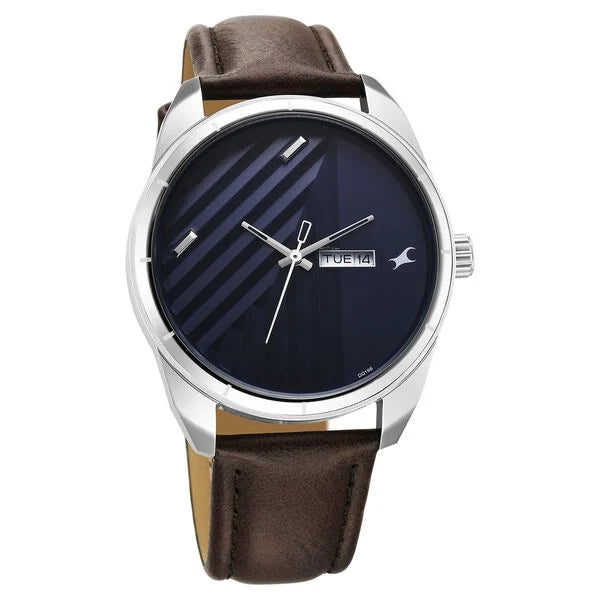 Fastrack Fleek Quartz Analog with Day and Date Blue Dial Leather Strap Watch For Guys - 3313SL01 - KRISHNA WATCH COMPANY