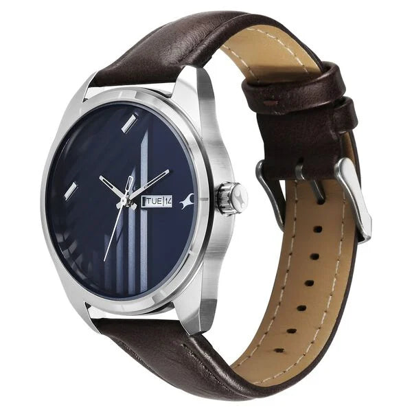 Fastrack Fleek Quartz Analog with Day and Date Blue Dial Leather Strap Watch For Guys - 3313SL01 - KRISHNA WATCH COMPANY