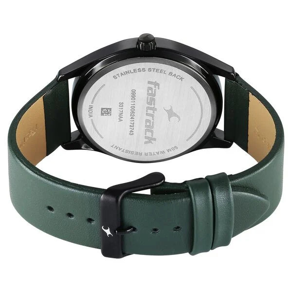 Fastrack Stunners Quartz Analog Black Dial Green Leather Strap Watch For Guys 3317nl01 - KRISHNA WATCH COMPANY