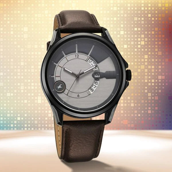 Fastrack Groove Quartz Analog with Date Two Toned Dial Brown Leather Strap Watch For Guys 3323ql01 - KRISHNA WATCH COMPANY