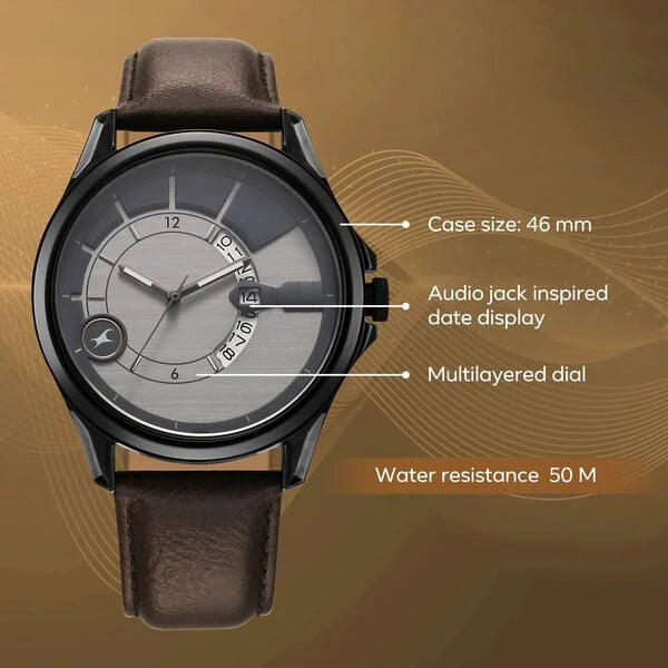 Fastrack Groove Quartz Analog with Date Two Toned Dial Brown Leather Strap Watch For Guys 3323ql01 - KRISHNA WATCH COMPANY