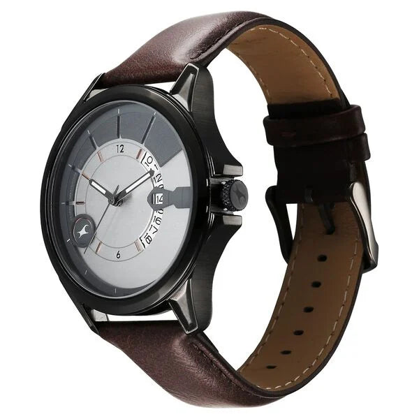 Fastrack Groove Quartz Analog with Date Two Toned Dial Brown Leather Strap Watch For Guys 3323ql01 - KRISHNA WATCH COMPANY