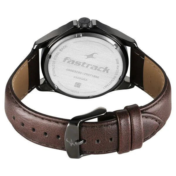 Fastrack Groove Quartz Analog with Date Two Toned Dial Brown Leather Strap Watch For Guys 3323ql01 - KRISHNA WATCH COMPANY