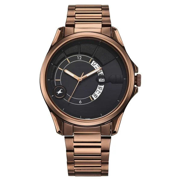 Fastrack Groove Quartz Analog with Date Black Dial Brown Stainless Steel Strap Watch For Guys 3323qm01 - KRISHNA WATCH COMPANY