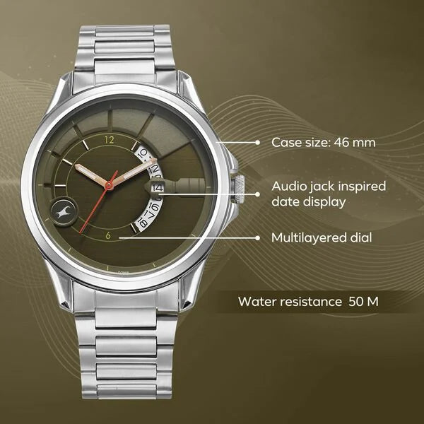 Fastrack Groove Quartz Analog with Date Green Dial Silver Stainless Steel Strap Watch For Guys 3323sm01