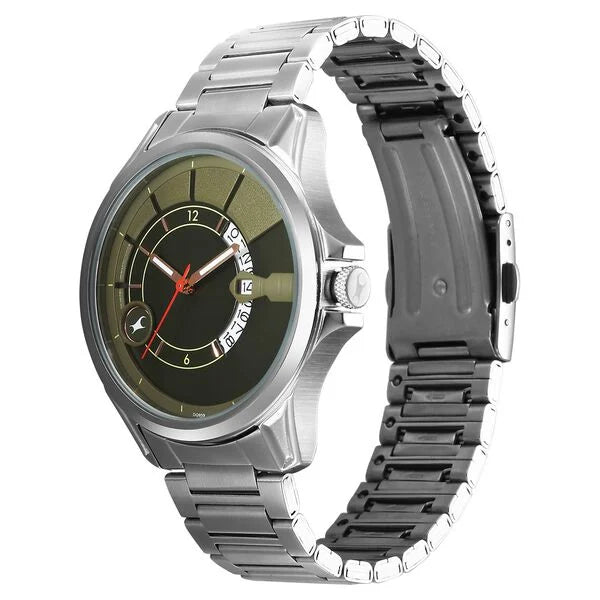 Fastrack Groove Quartz Analog with Date Green Dial Silver Stainless Steel Strap Watch For Guys 3323sm01