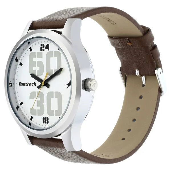 Fastrack Bold Quartz Analog White Dial Leather Strap Watch for Guys - 38051SL06 - KRISHNA WATCH COMPANY
