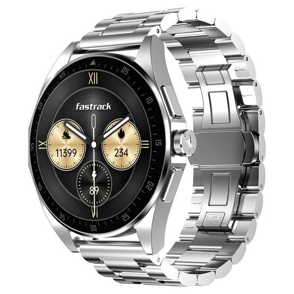 Fastrack Radiant FX1 Luxury Metal Smartwatch with 3.6 cm AMOLED Display, SingleSync BT Calling, Functional Crown - Steel 38123sm01 - KRISHNA WATCH COMPANY