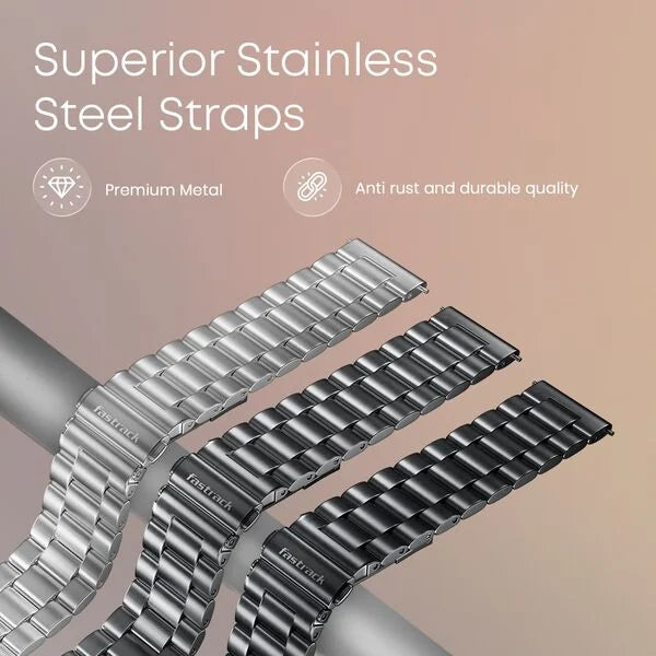 Fastrack Radiant FX1 Luxury Metal Smartwatch with 3.6 cm AMOLED Display, SingleSync BT Calling, Functional Crown - Steel 38123sm01 - KRISHNA WATCH COMPANY