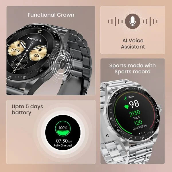 Fastrack Radiant FX1 Luxury Metal Smartwatch with 3.6 cm AMOLED Display, SingleSync BT Calling, Functional Crown - Steel 38123sm01 - KRISHNA WATCH COMPANY
