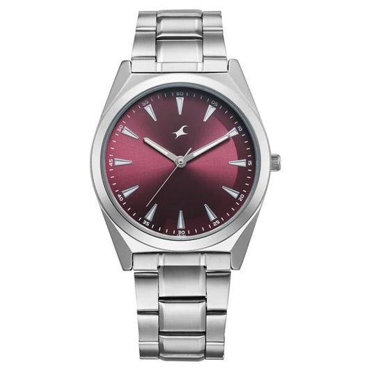 Fastrack Stunners X Quartz Analog Maroon Dial Stainless Steel Strap Watch For Guys 38162sm01