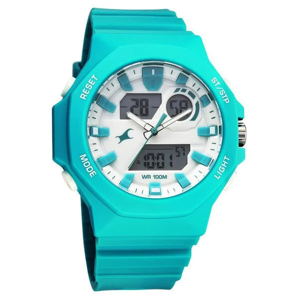 Fastrack Streetstyle Silver Dial Teal PU Strap Watch For Guys 38171pp02