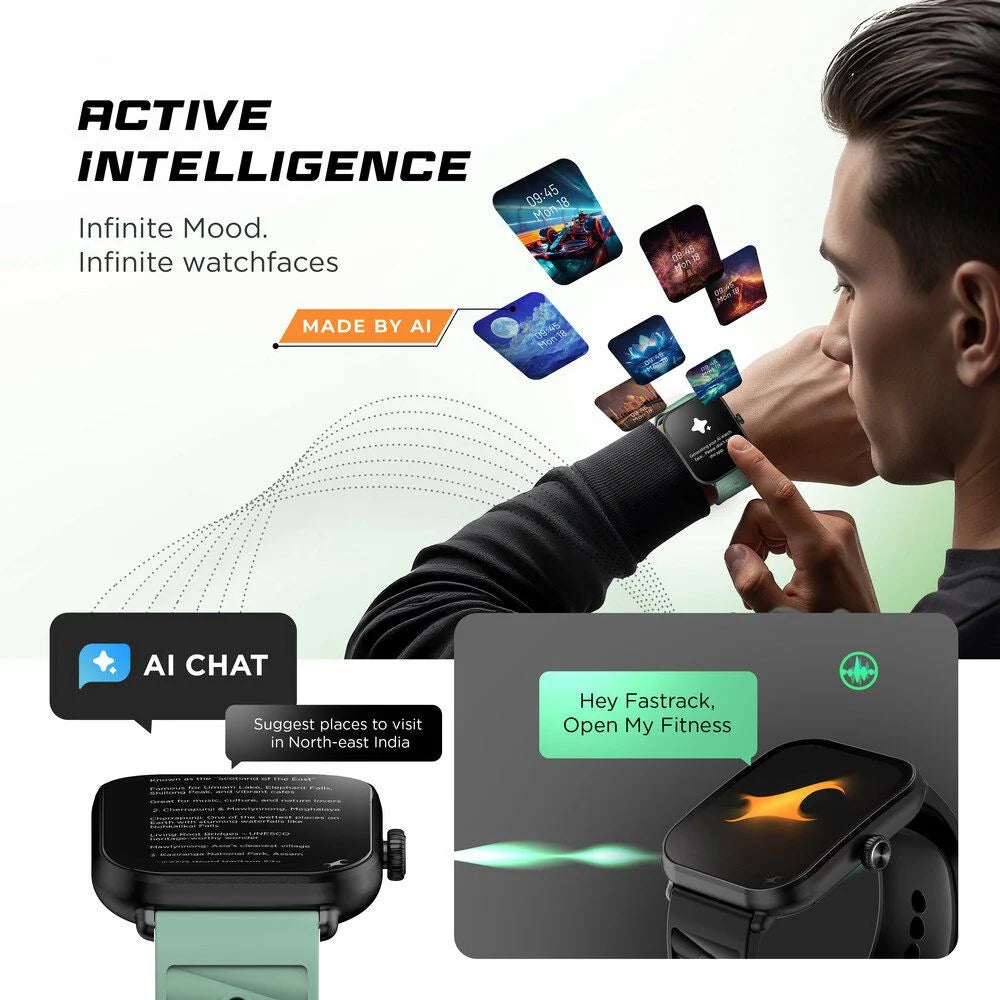 Fastrack MYND - 4.9 cm AMOLED Display, AI Watchface, Offline Voice Commands, AI Chat, BT Calling IP68 Smartwatch 38184pp01k - KRISHNA WATCH COMPANY